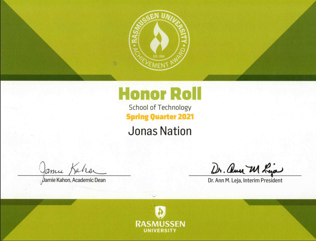 Photo of honor roll award